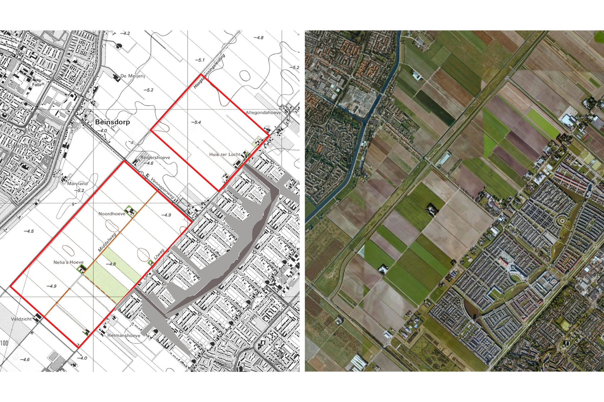 aanduiding van de locatie op topografische kaart en in luchtfoto