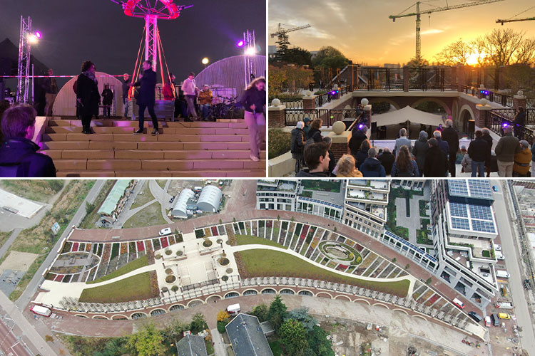 ter ere van opening verzamelden zich de mensen op de centrale trap, we zien het doorknippen van het lint en een dronefoto met de tuin in prachtige herfstkleuren