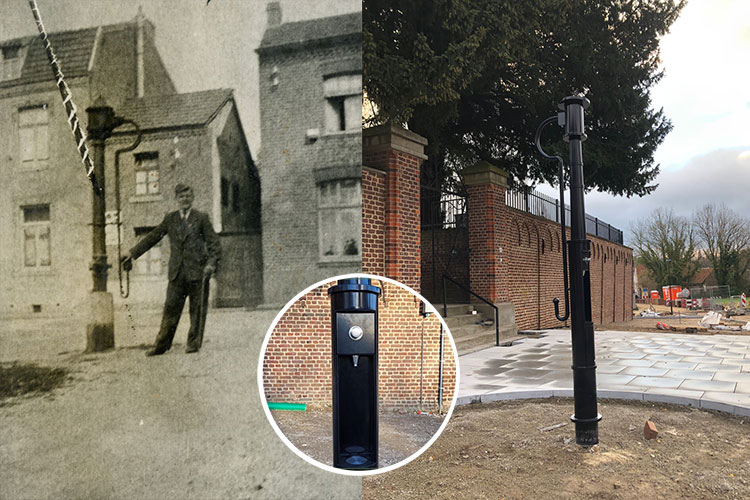 de nieuw geplaatste pomp naast een historisch beeld van de pomp met een politieman ernaast
