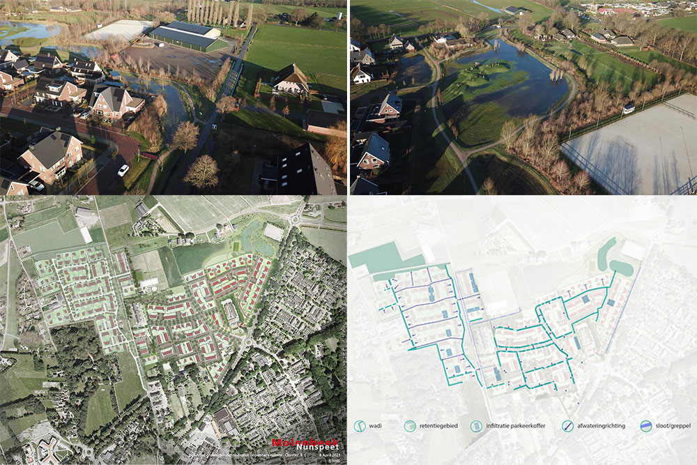 twee luchtfotos laten nunspeet molenbeek met hoogwater zien en een schema licht het watersysteem toe