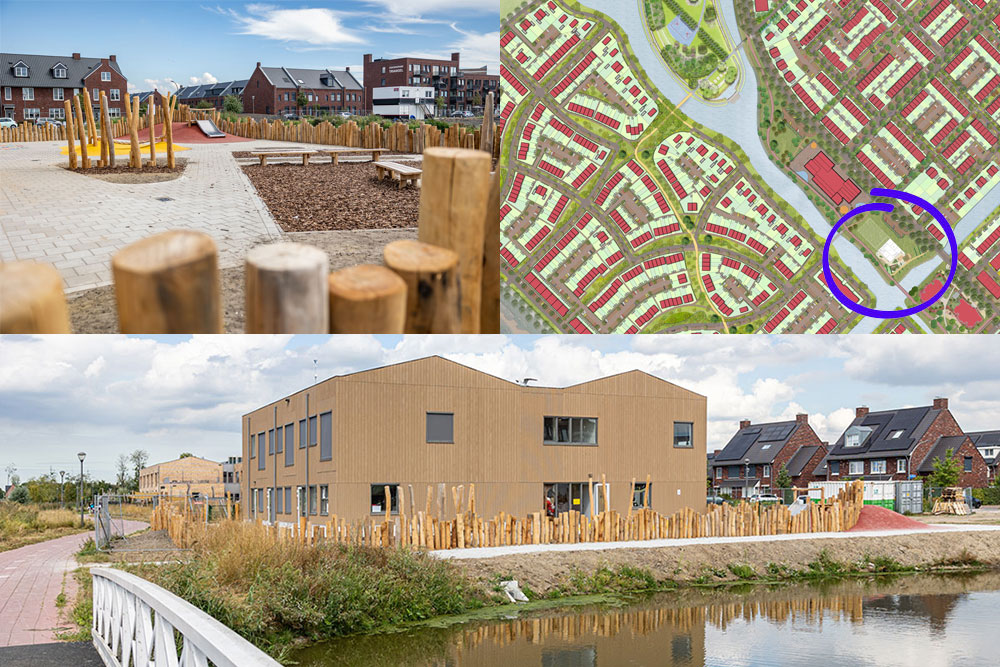 schoolplein, nog zonder beplanting en bomen, met rondom ee houten pallisade