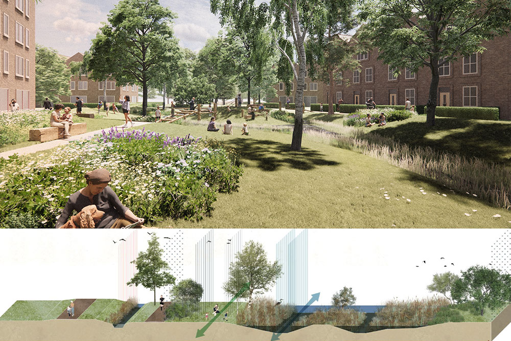 impressie van een groene wig in de wijk met speelplek en een profiel van de ecologische zone