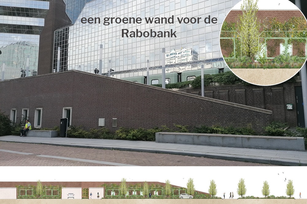 foto bestaande muur en impressie van het nieuwe ontwerp