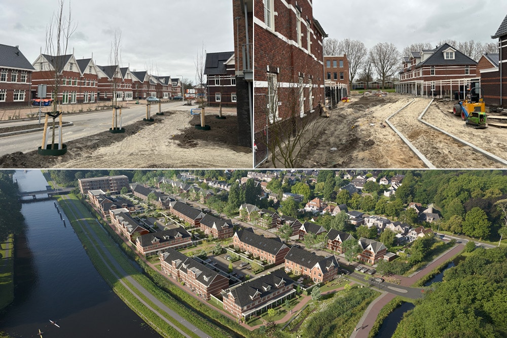 getoond worden een vogelvluchtimpressie van de woonwijk en 2 foto's van de aanleg in volle gang