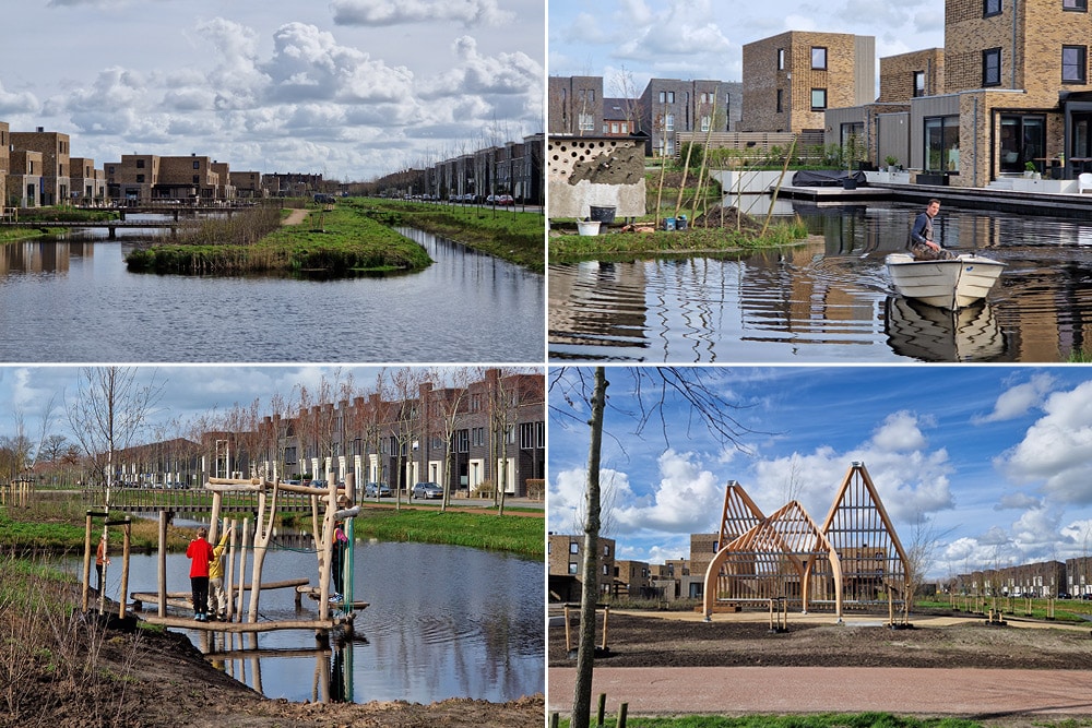 we zien bruggetjes, vlonders, spelplekken in gebruik genomen door de buurt